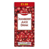 Carton of Best In Cranberry Juice - 1L priced at £1.59 with a prominent display of cranberries.